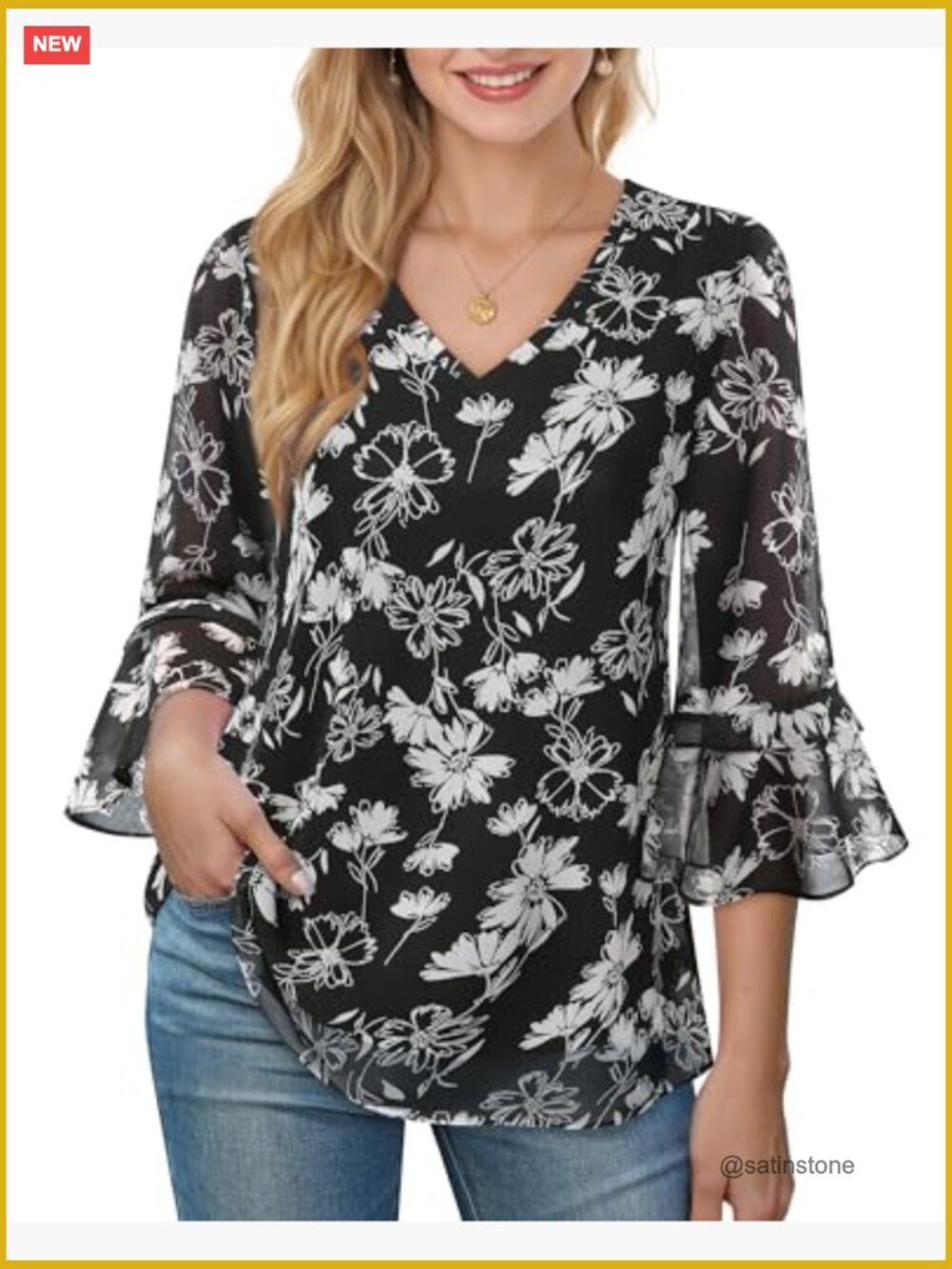 Dressy Casual Tunic with Ruffle 3/4 Sleeves and V-Neck - Picture 2 of 7